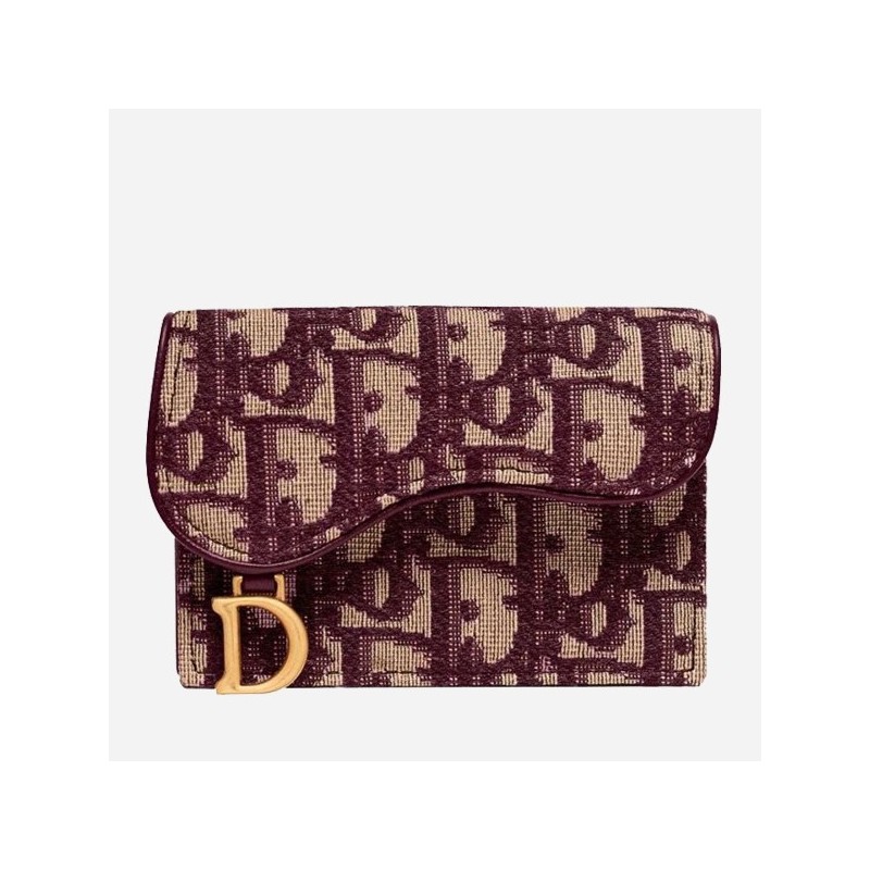 Dior Mini Saddle Tri-Fold Wallet In Bordeaux Oblique Canvas 448