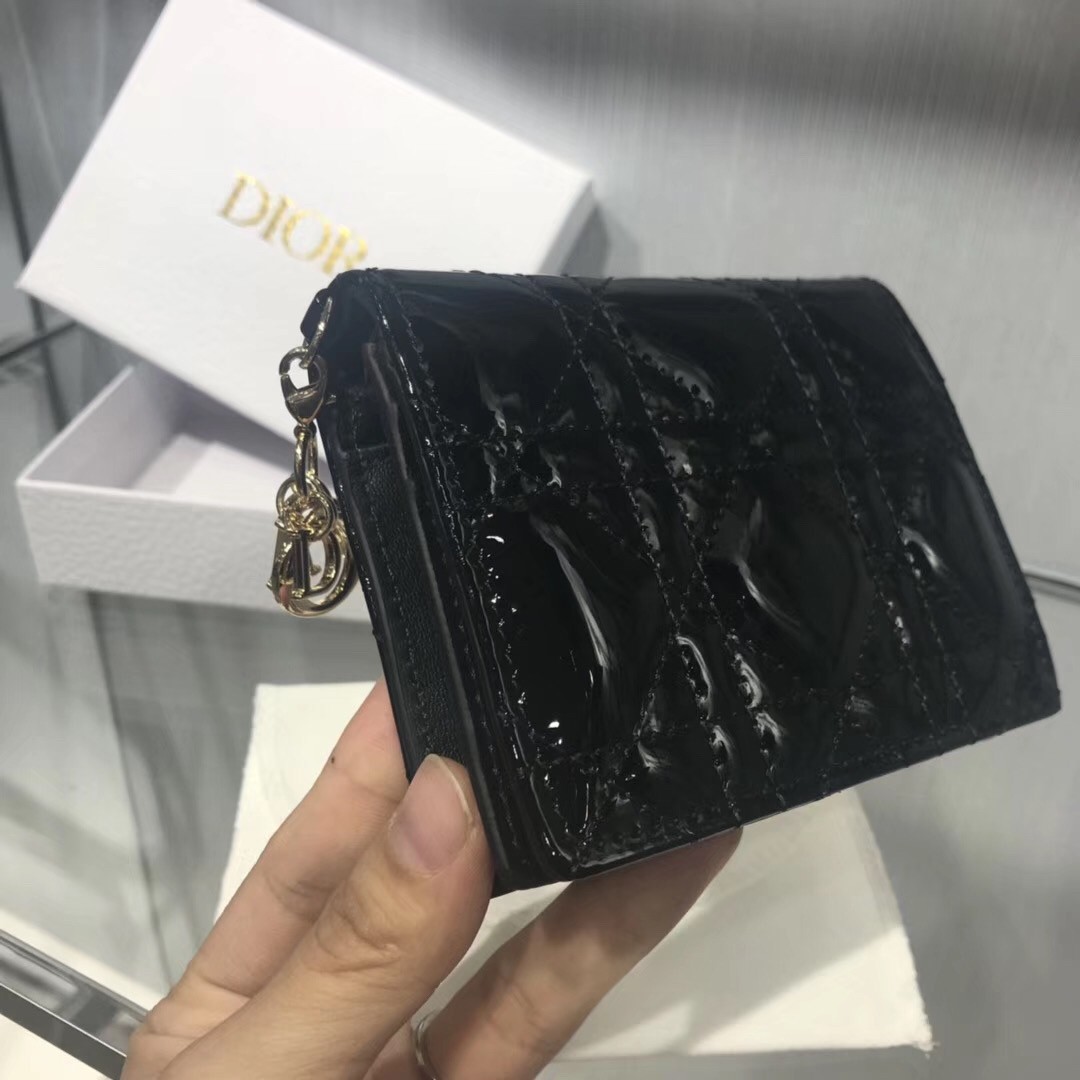 Dior Mini Lady Dior Wallet In Black Patent Leather 660