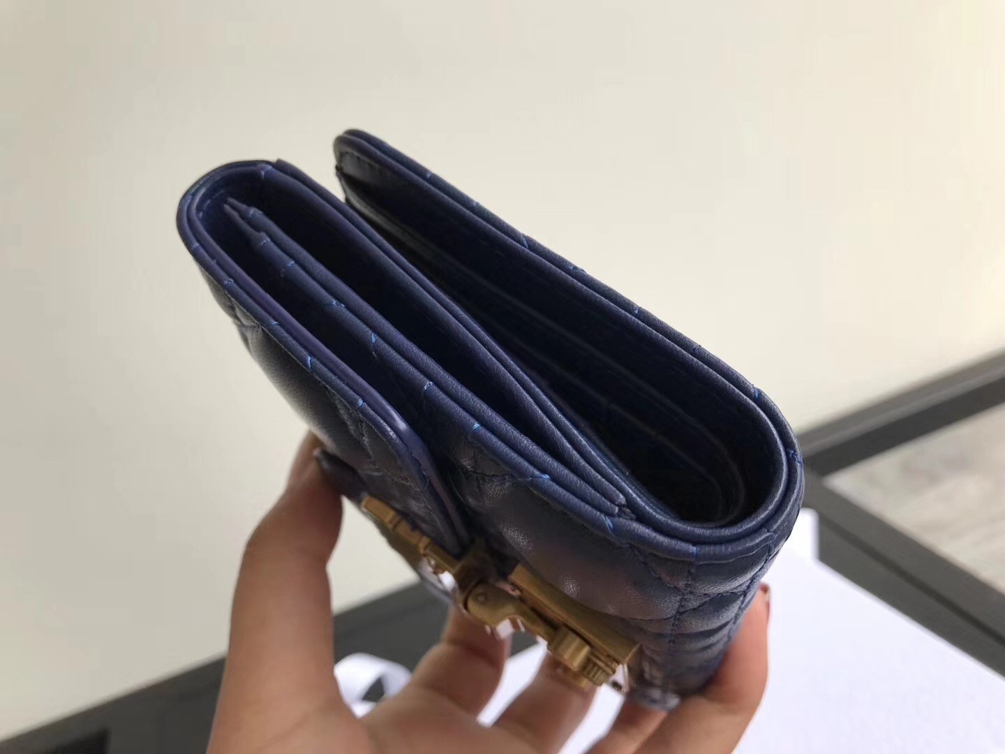 Dior French DiorAddict Wallet In Navy Blue Lambskin 795