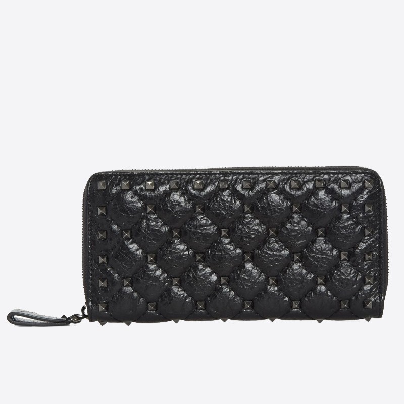 Valentino Rockstud Spike Zip Wallet In Noir Lambskin 552