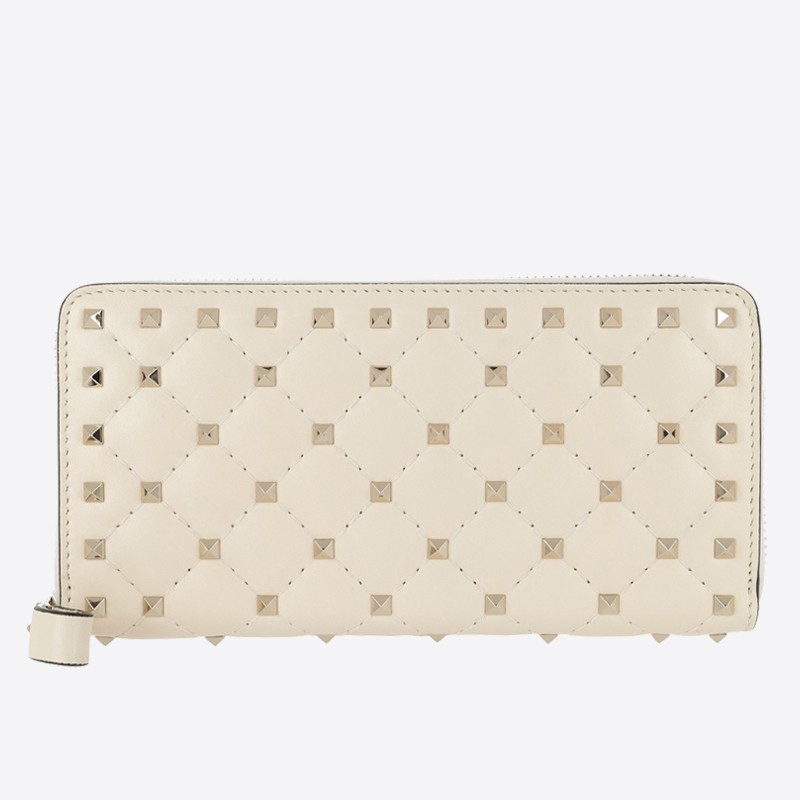 Valentino Rockstud Spike Zip Wallet In White Lambskin 706