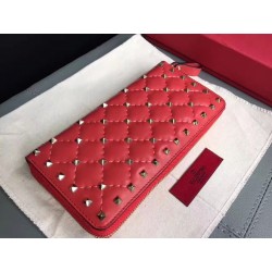 Valentino Rockstud Spike Zip Wallet In Red Lambskin 447