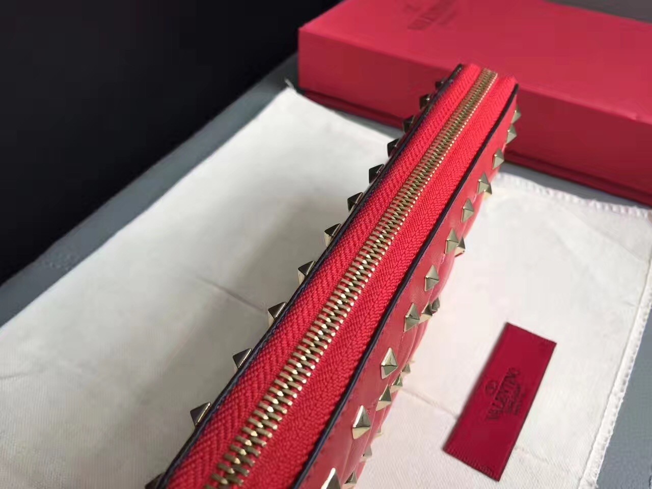 Valentino Rockstud Spike Zip Wallet In Red Lambskin 447