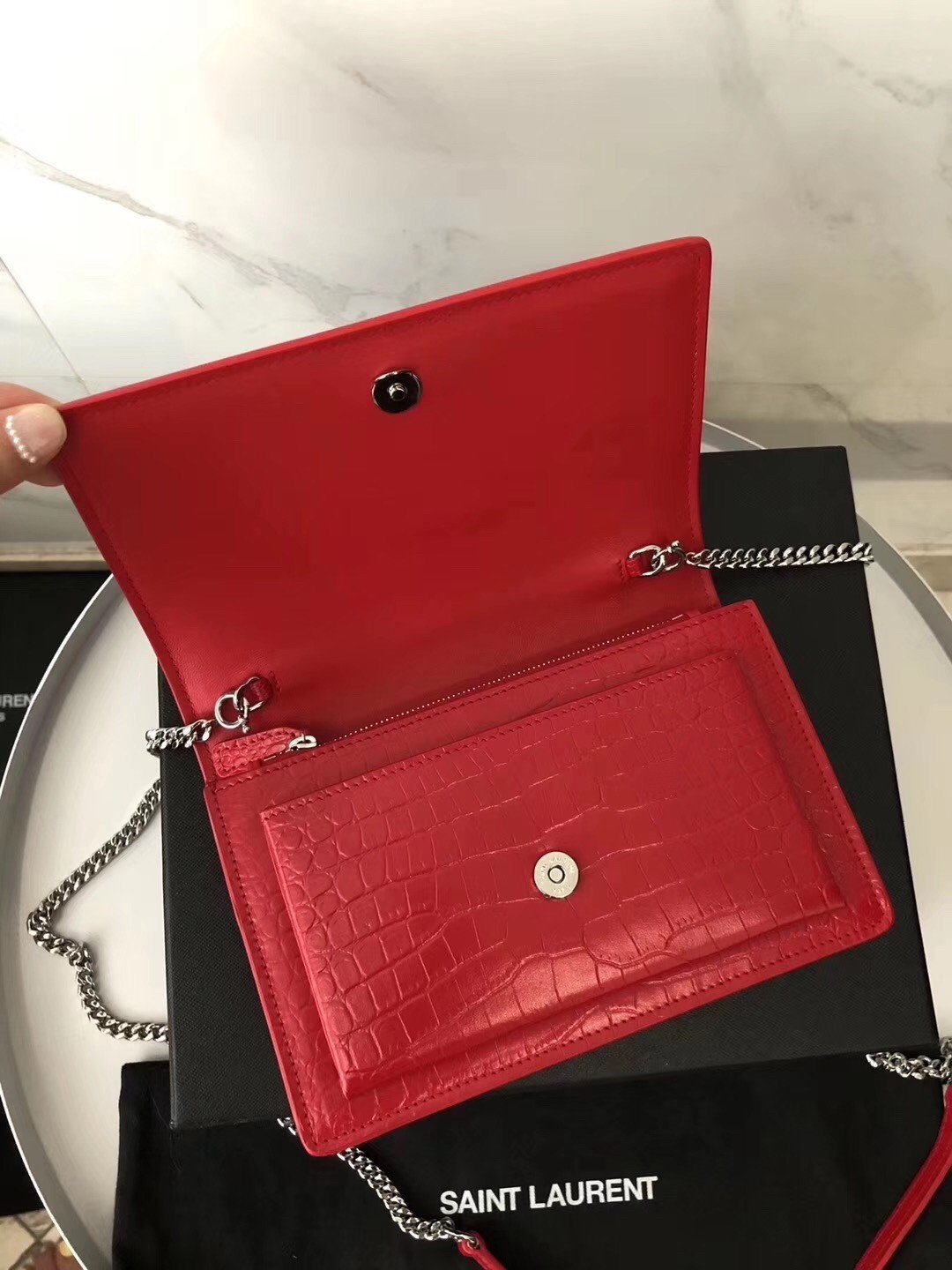 Saint Laurent WOC Sunset Chain Wallet In Red Croc-Embossed Leather 397