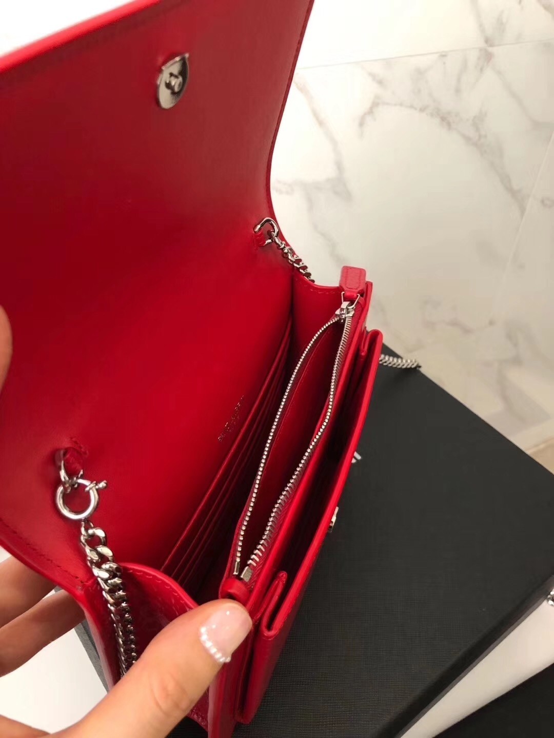 Saint Laurent WOC Sunset Chain Wallet In Red Croc-Embossed Leather 397