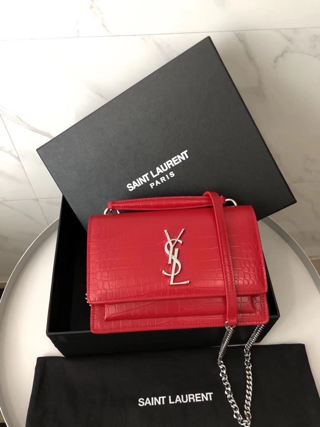 Saint Laurent WOC Sunset Chain Wallet In Red Croc-Embossed Leather 397