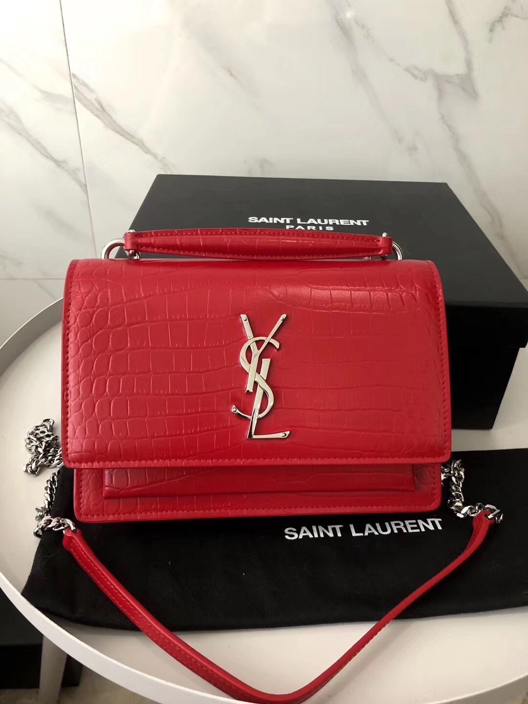 Saint Laurent WOC Sunset Chain Wallet In Red Croc-Embossed Leather 397