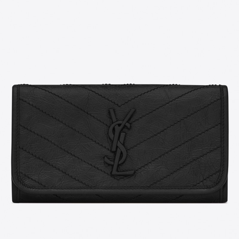 Saint Laurent Niki Large Wallet In Black Crinkled Vintage Leather 438