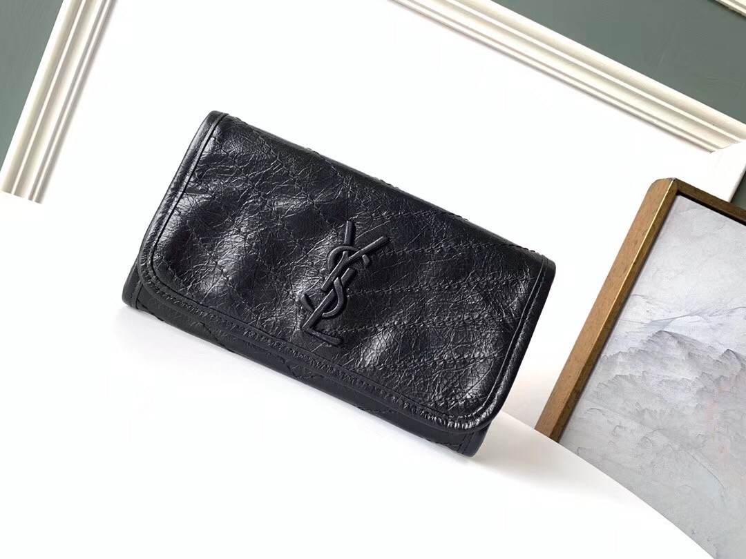 Saint Laurent Niki Large Wallet In Black Crinkled Vintage Leather 438