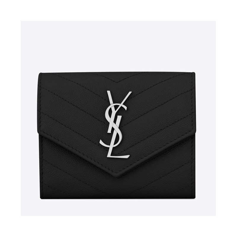 Saint Laurent Compact Tri Fold Wallet In Noir Leather 388