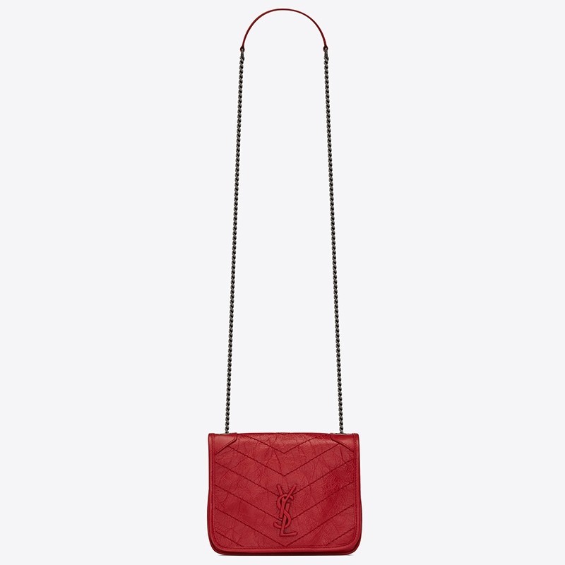 Saint Laurent WOC Niki Chain Wallet In Red Crinkled Leather 725