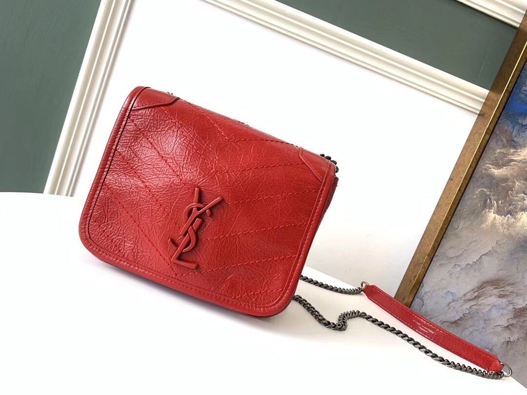 Saint Laurent WOC Niki Chain Wallet In Red Crinkled Leather 725