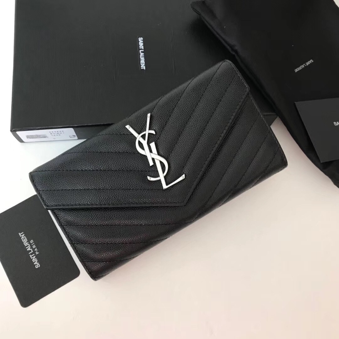 Saint Laurent Large Monogram Flap Wallet In Noir Grained Leather 189