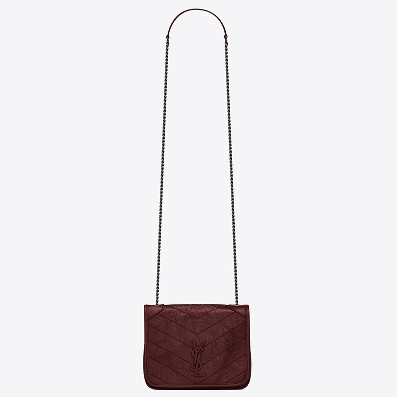 Saint Laurent WOC Niki Chain Wallet In Bordeaux Crinkled Leather 883