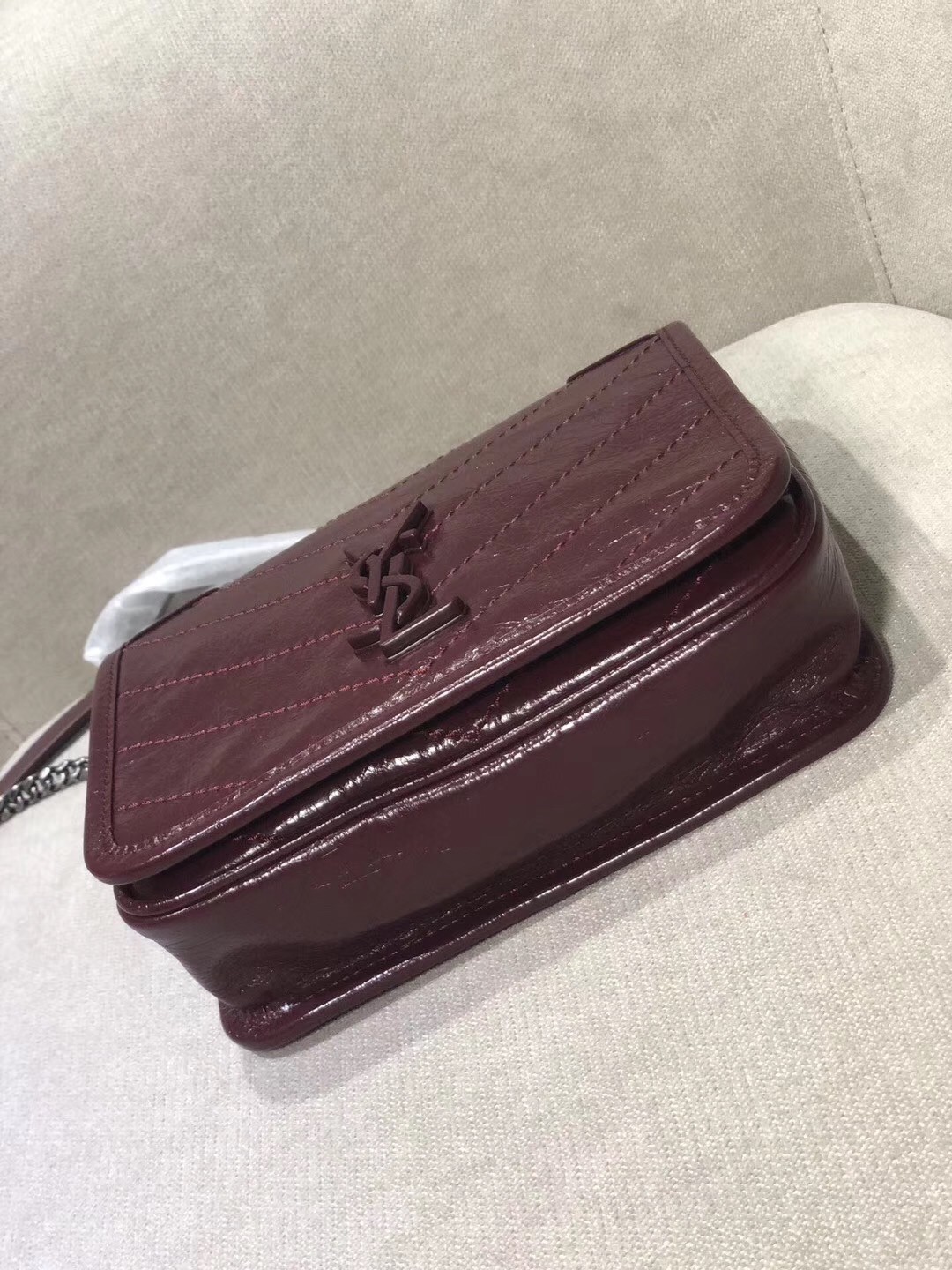 Saint Laurent WOC Niki Chain Wallet In Bordeaux Crinkled Leather 883