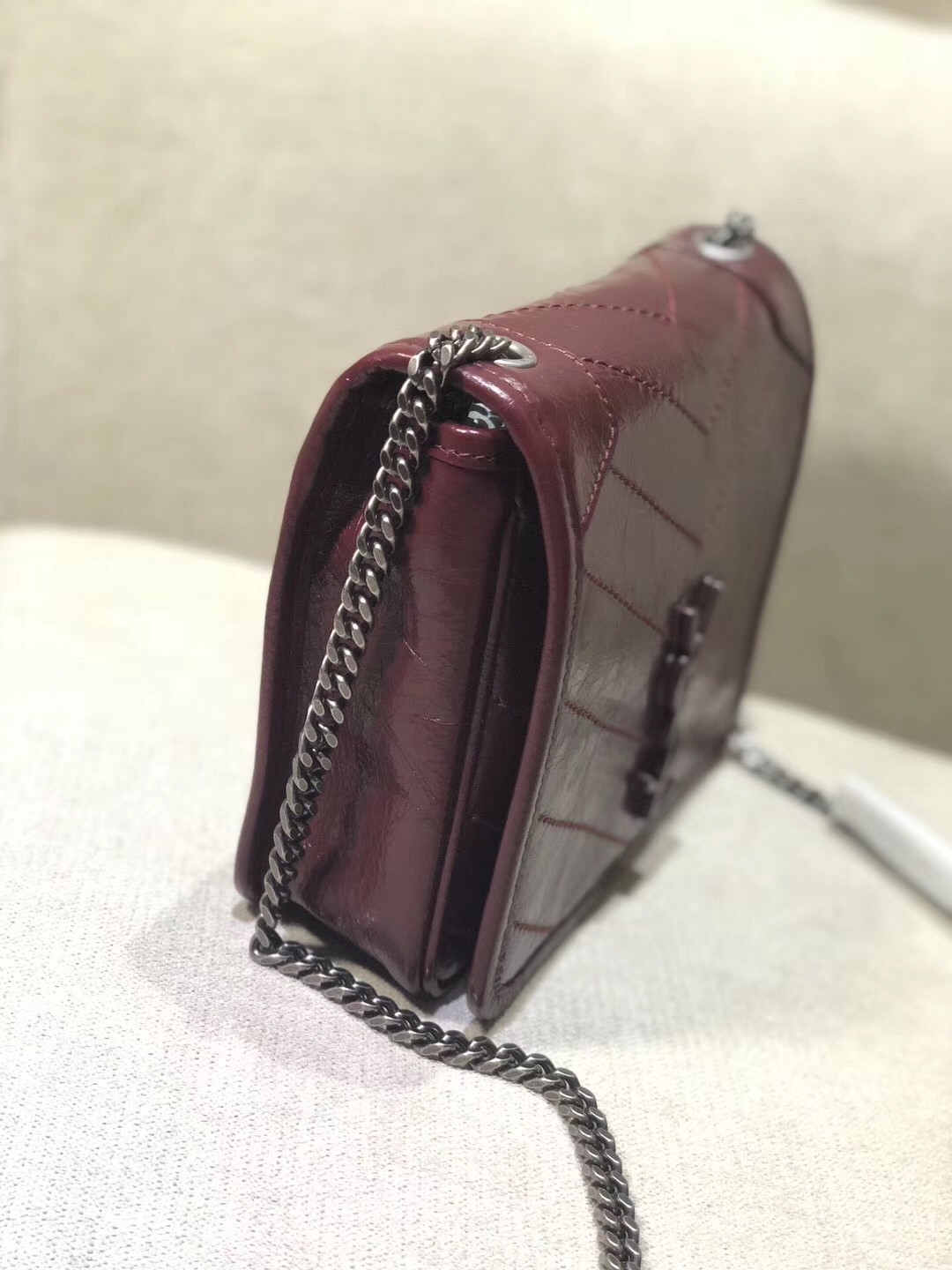 Saint Laurent WOC Niki Chain Wallet In Bordeaux Crinkled Leather 883