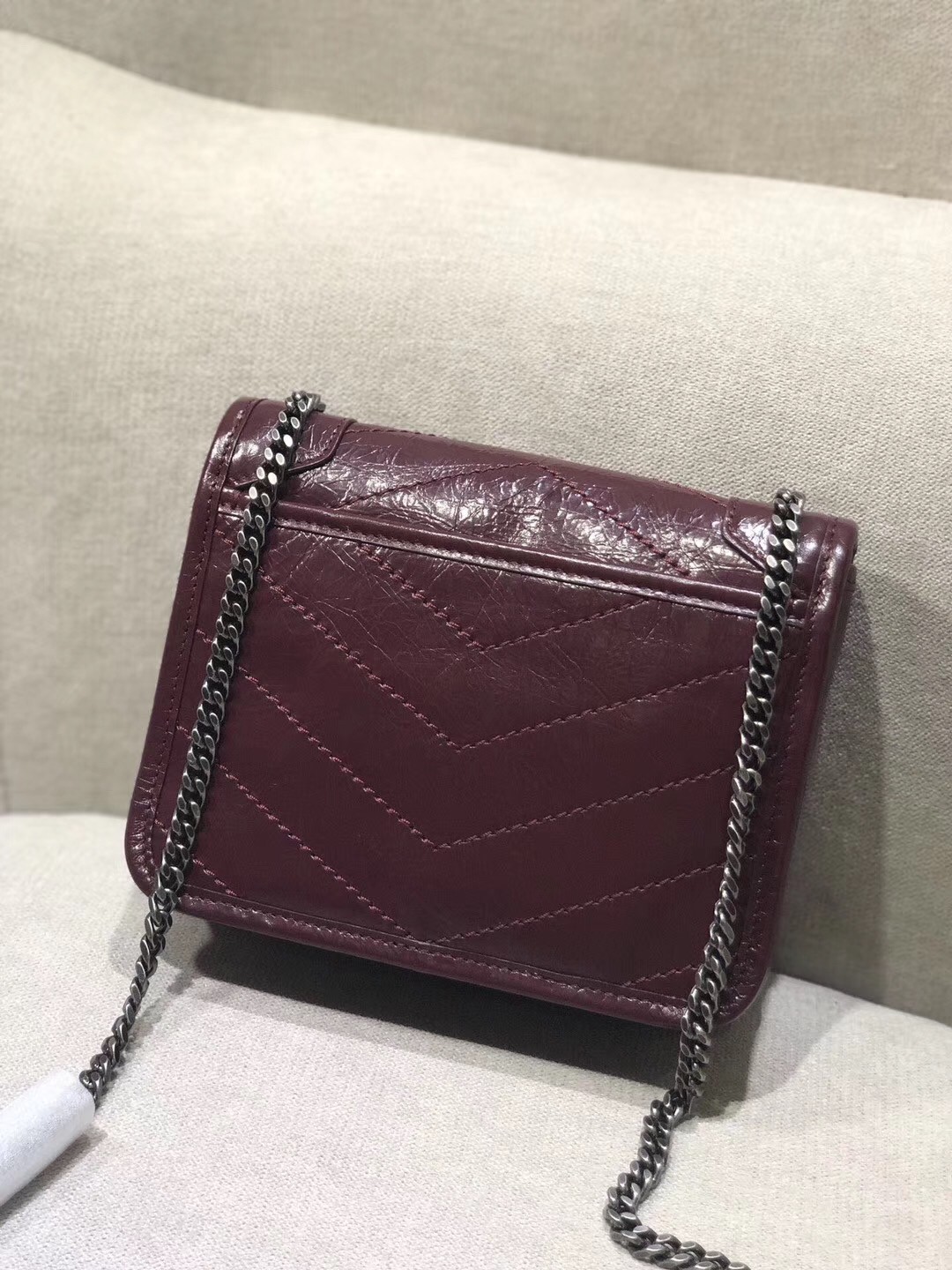 Saint Laurent WOC Niki Chain Wallet In Bordeaux Crinkled Leather 883