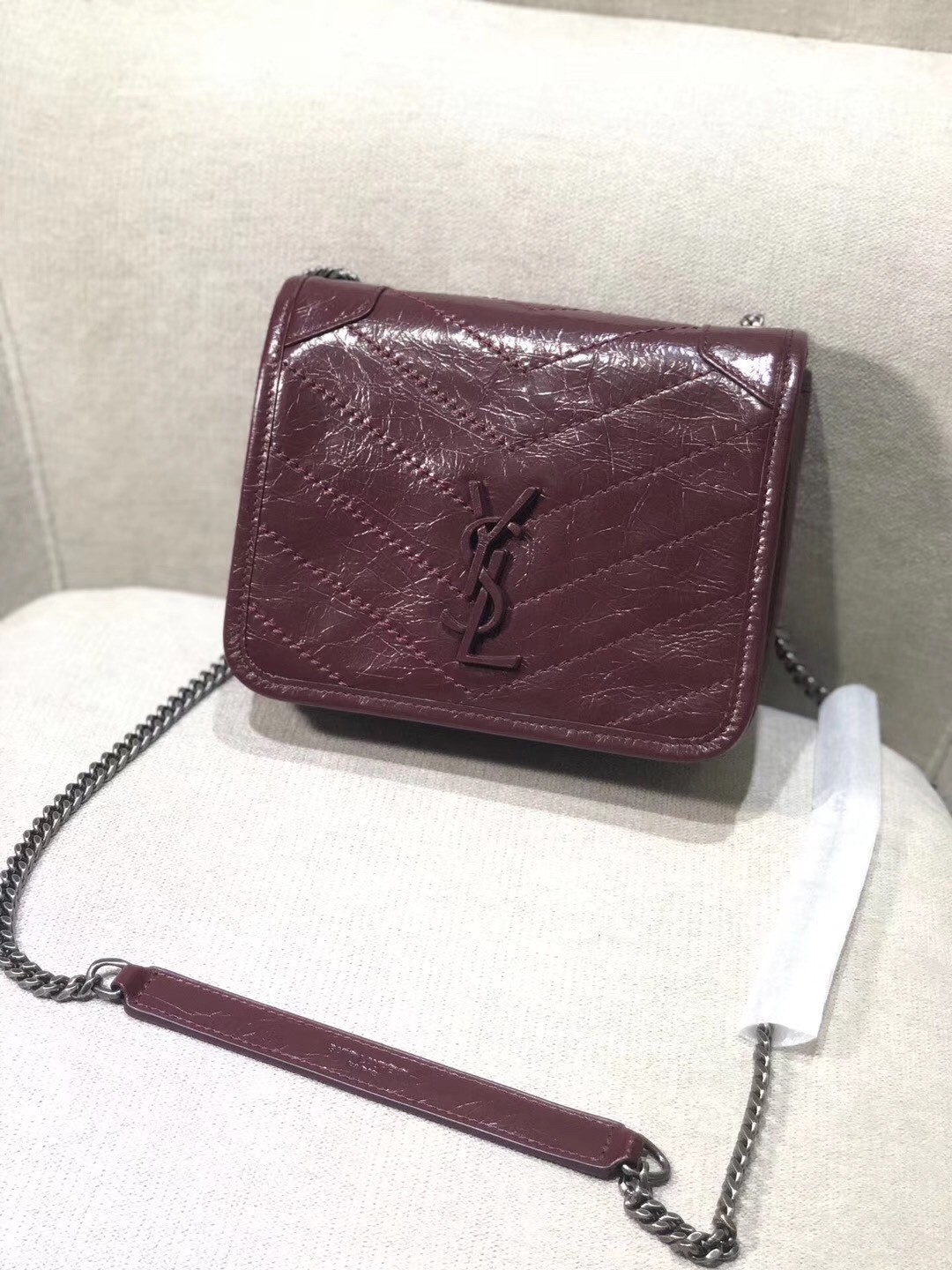 Saint Laurent WOC Niki Chain Wallet In Bordeaux Crinkled Leather 883