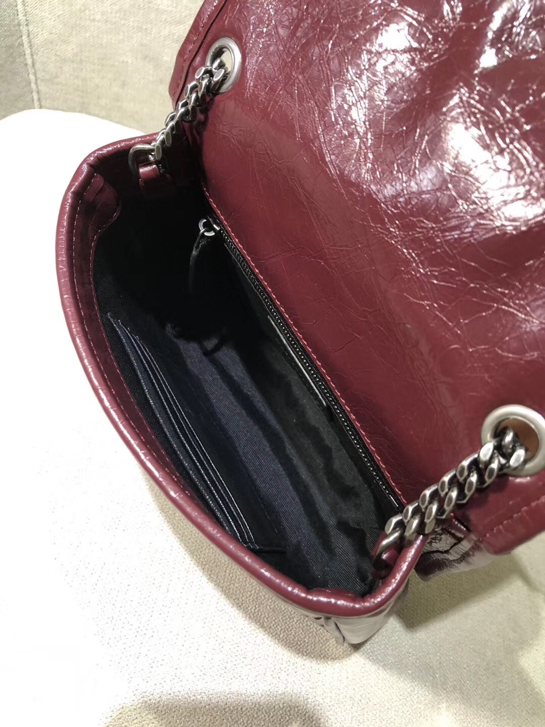 Saint Laurent WOC Niki Chain Wallet In Bordeaux Crinkled Leather 883