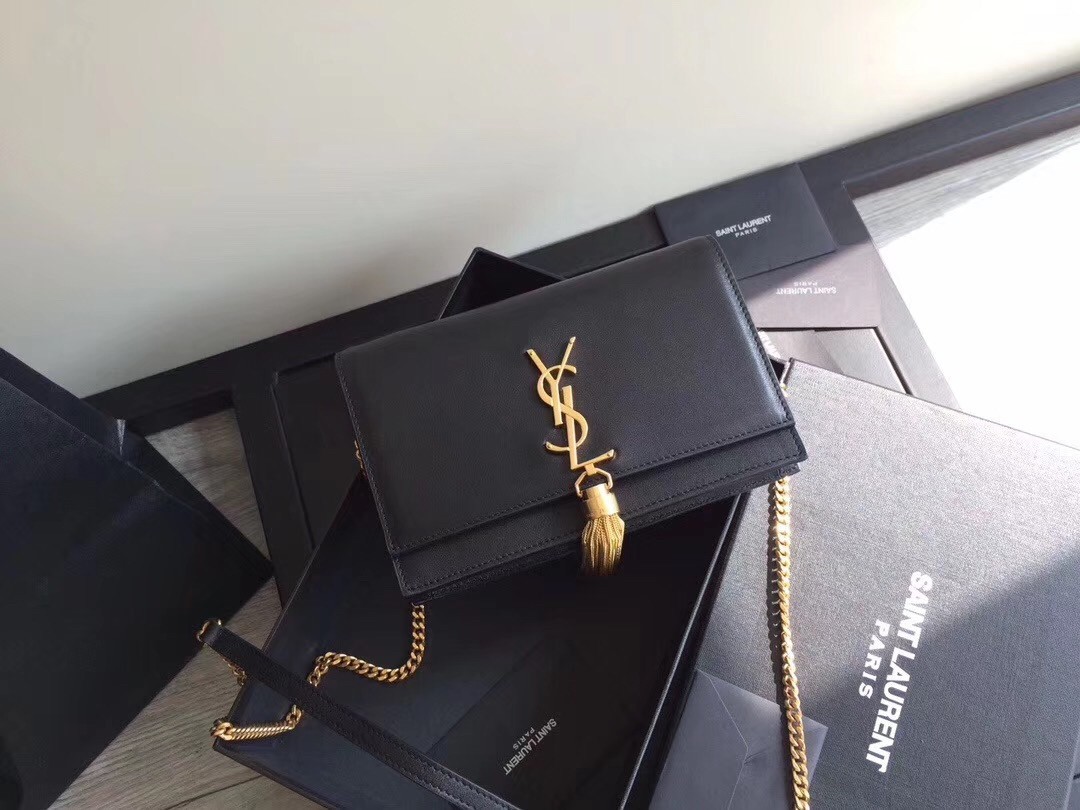 Saint Laurent WOC Kate Tassel Chain Wallet In Black Calfskin 924