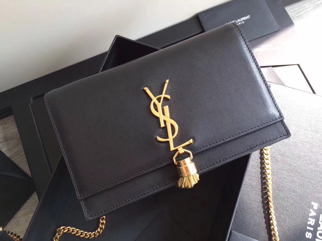 Saint Laurent WOC Kate Tassel Chain Wallet In Black Calfskin 924