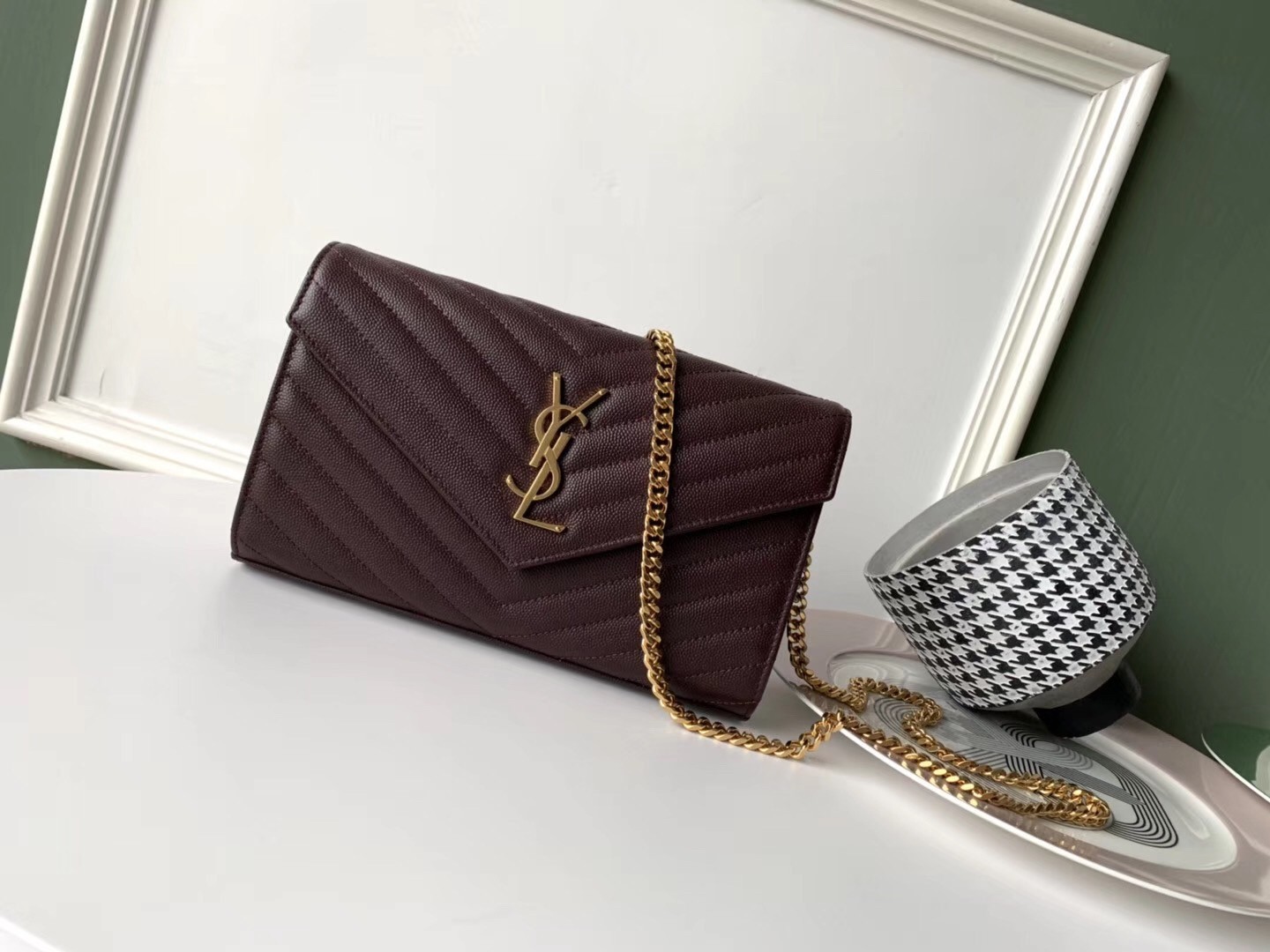 Saint Laurent WOC Monogram Chain Wallet In Bordeaux Leather 476