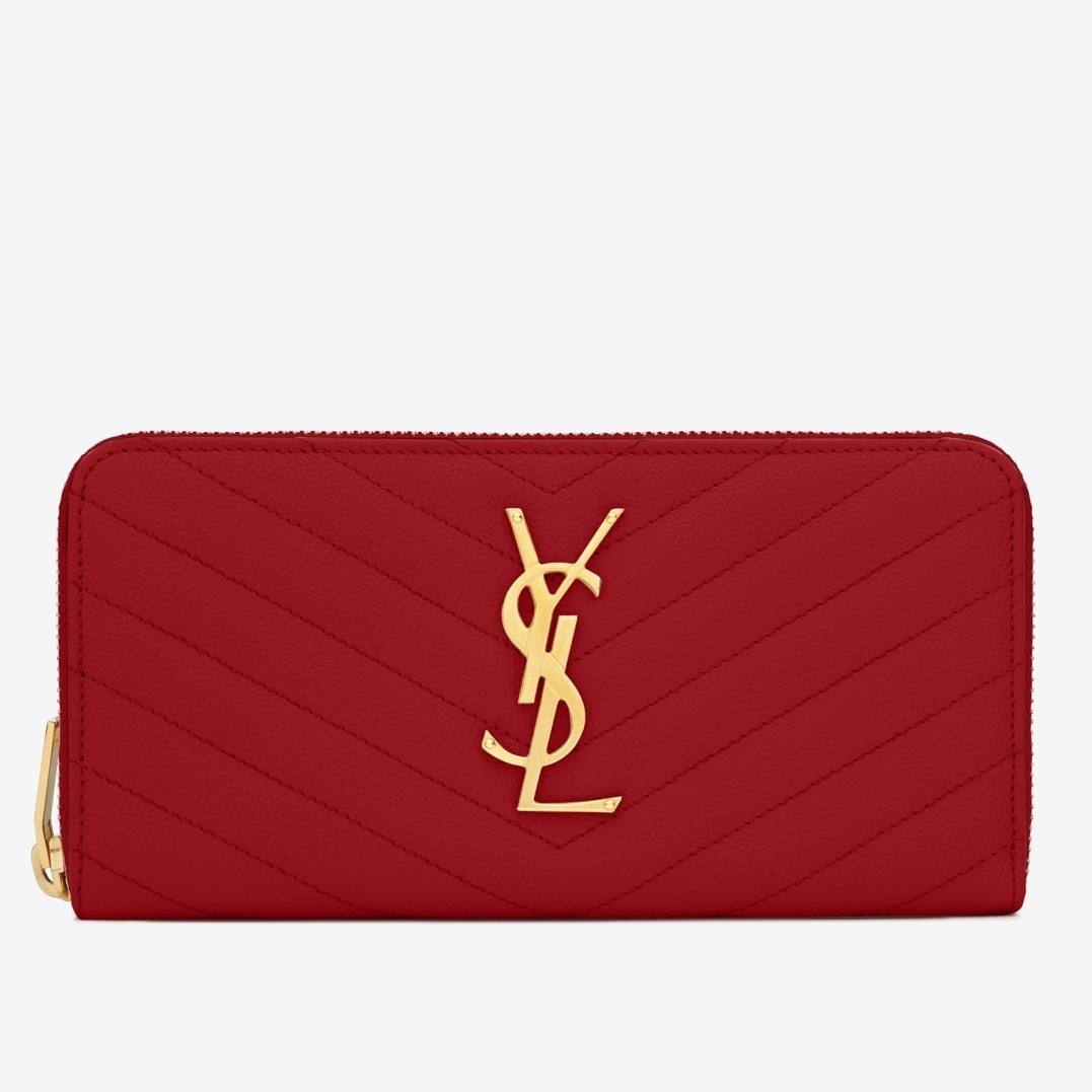 Saint Laurent Monogram Zip Around Wallet In Red Grained Leather 300