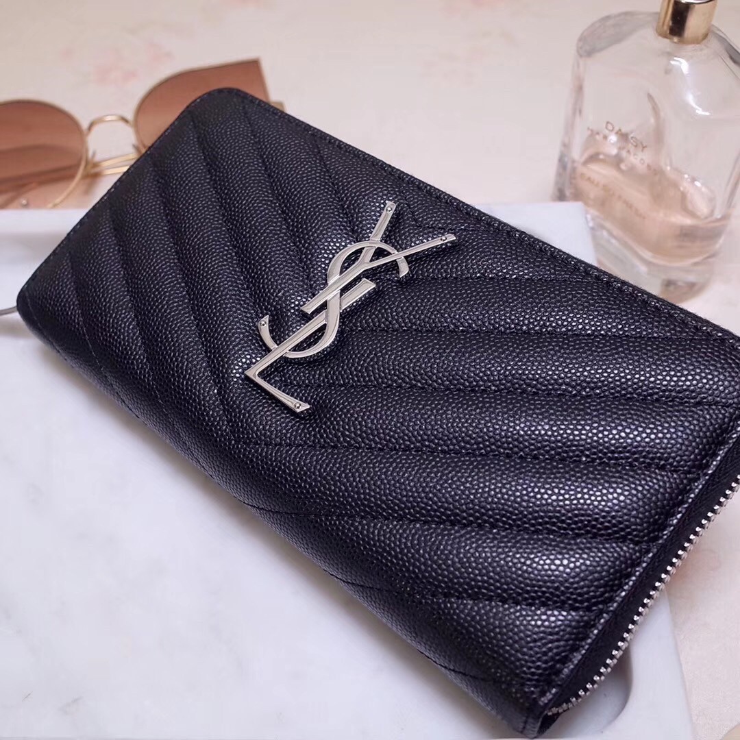 Saint Laurent Monogram Zip Around Wallet In Noir Grained Leather 677