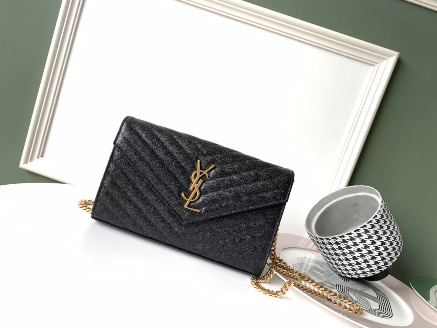 Saint Laurent WOC Monogram Chain Wallet In Black Leather 006