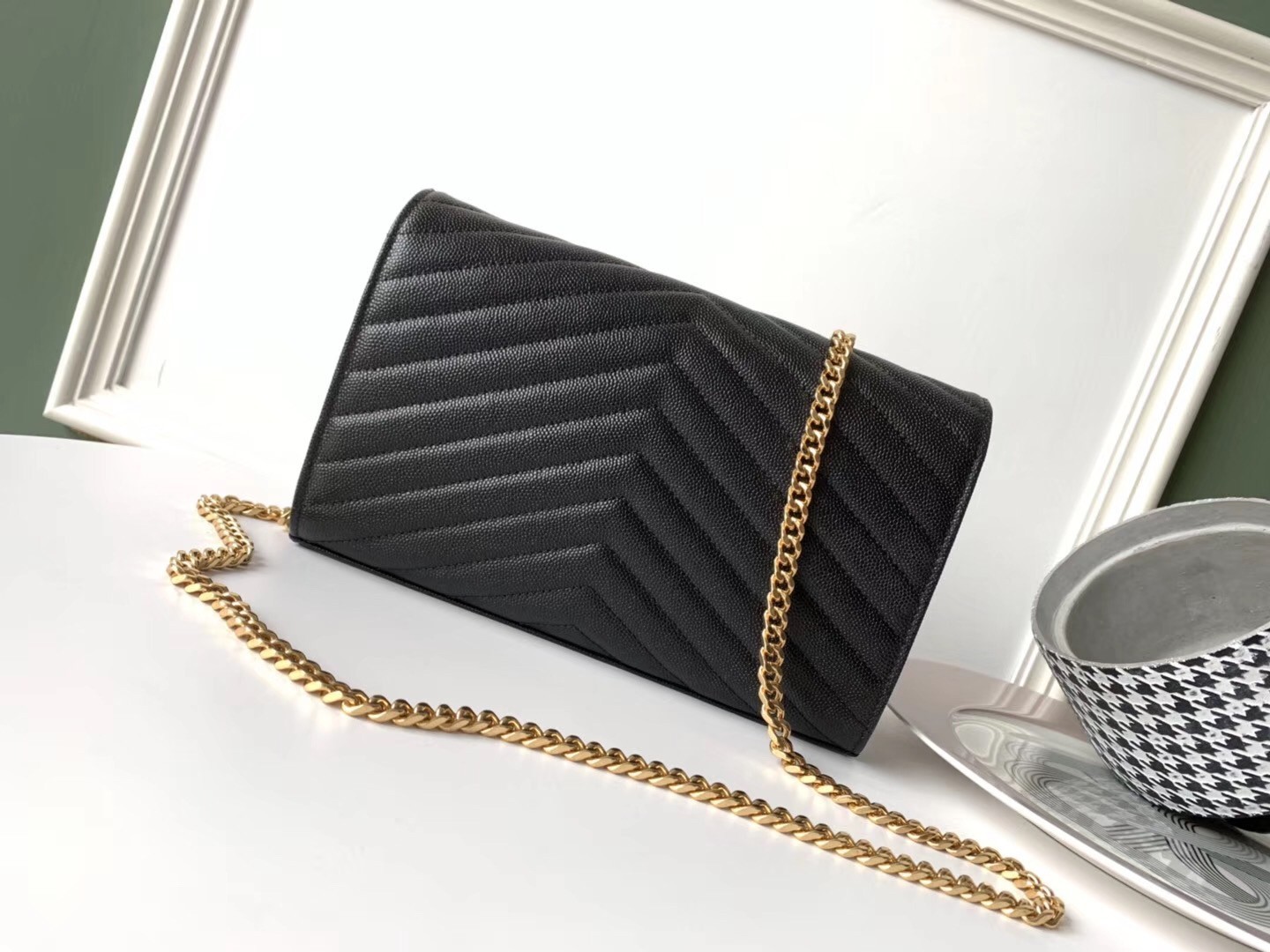 Saint Laurent WOC Monogram Chain Wallet In Black Leather 006