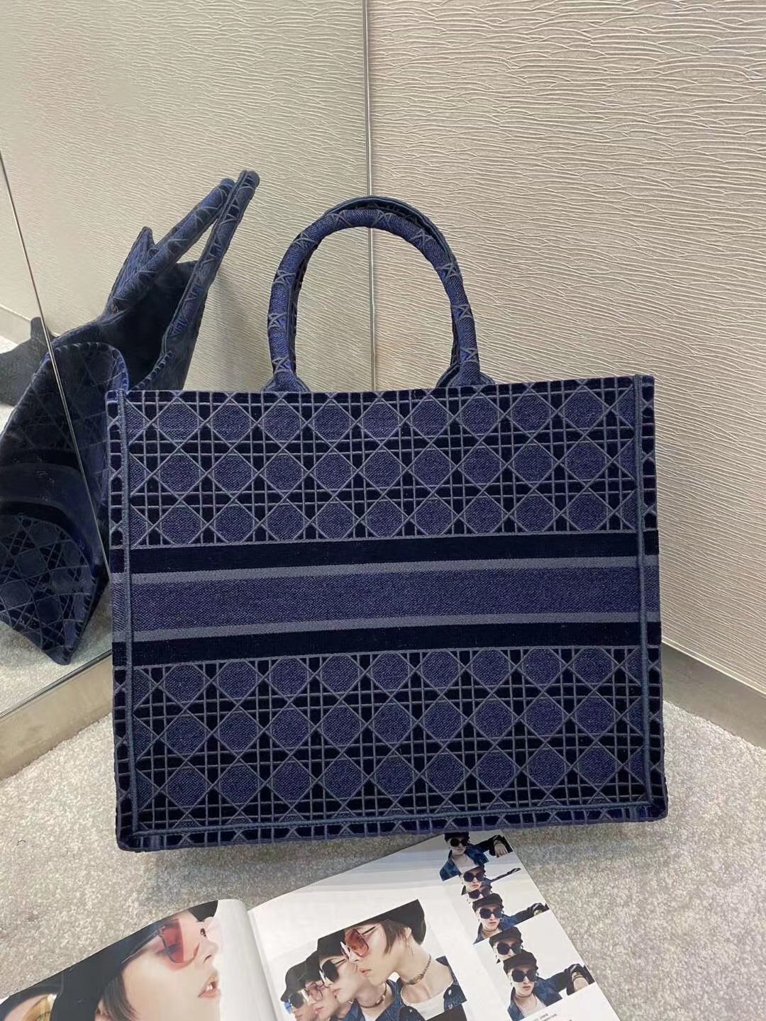 Dior Book Tote Bag In Blue Cannage Embroidered Velvet 030