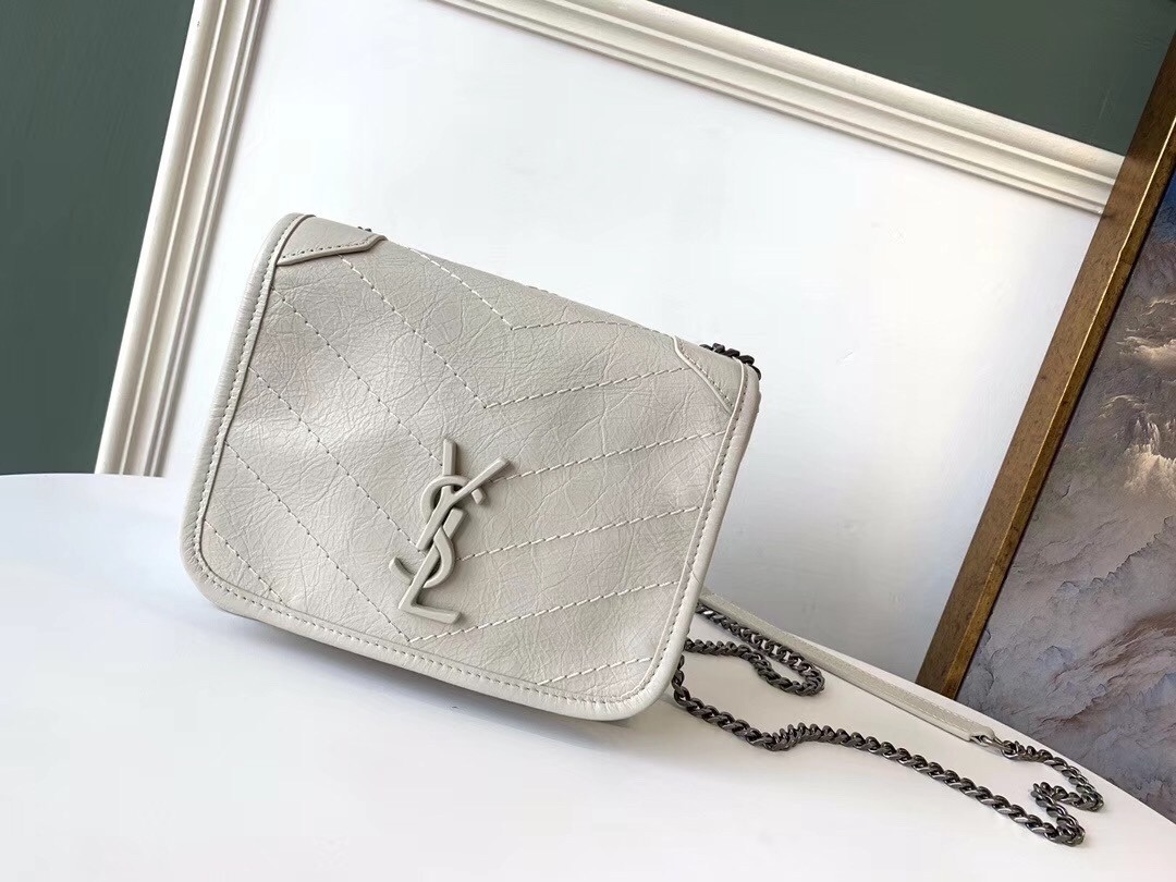 Saint Laurent WOC Niki Chain Wallet In White Crinkled Leather 118