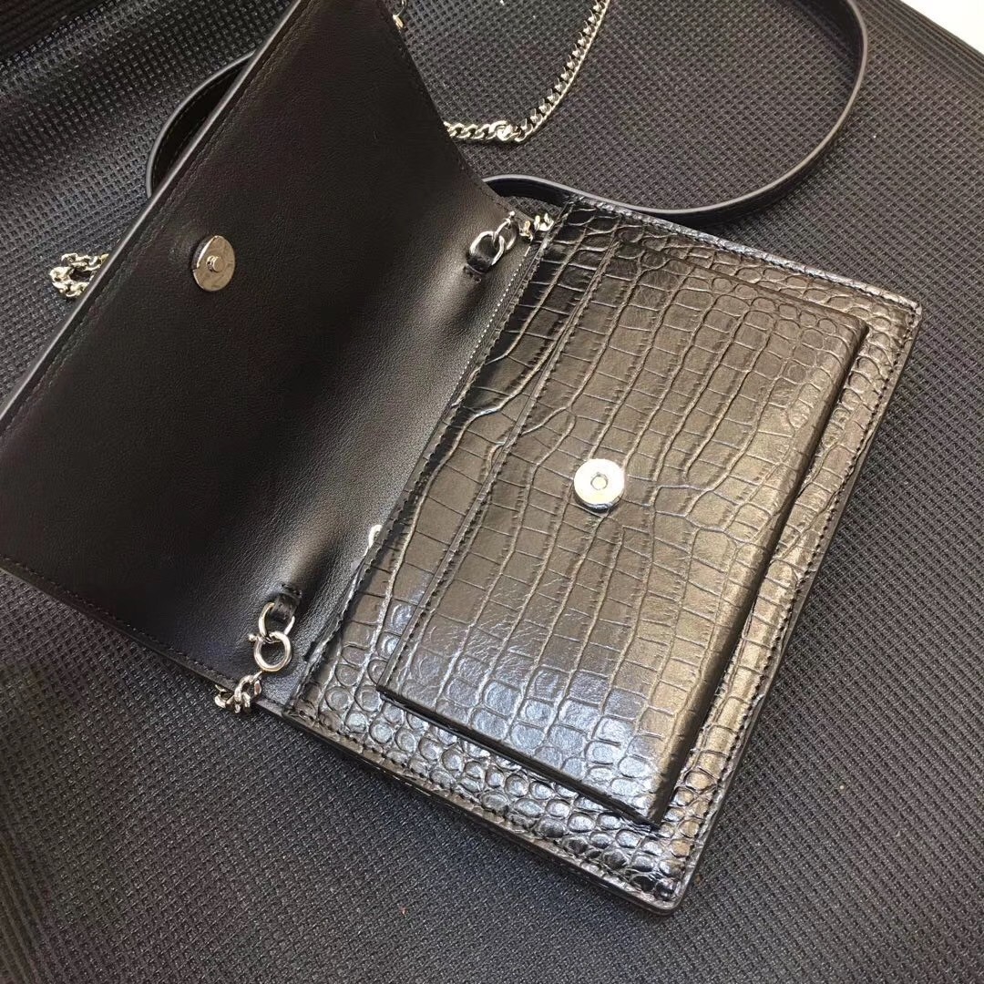 Saint Laurent WOC Sunset Chain Wallet In Black Croc-Embossed Leather 166