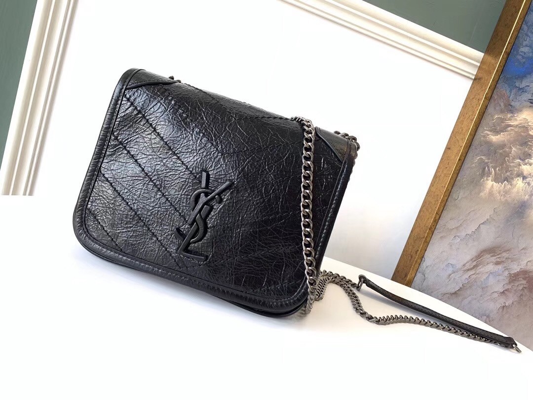 Saint Laurent WOC Niki Chain Wallet In Black Crinkled Leather 647