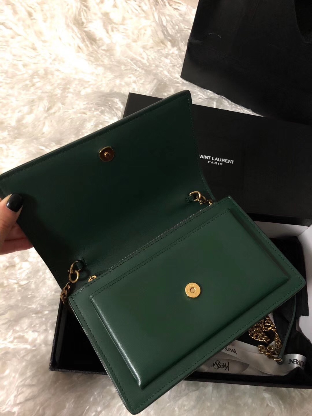 Saint Laurent WOC Sunset Chain Wallet In Green Calfskin 391