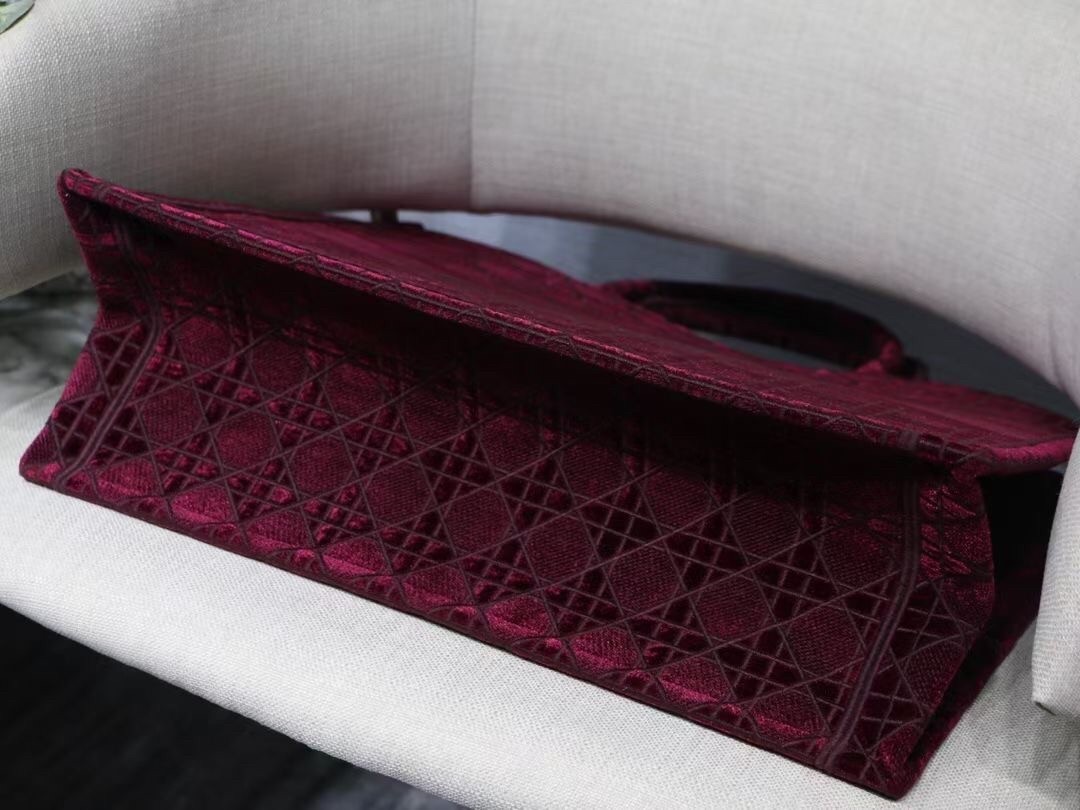 Dior Book Tote Bag In Bordeaux Cannage Embroidered Velvet 067