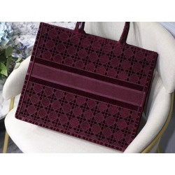 Dior Book Tote Bag In Bordeaux Cannage Embroidered Velvet 067