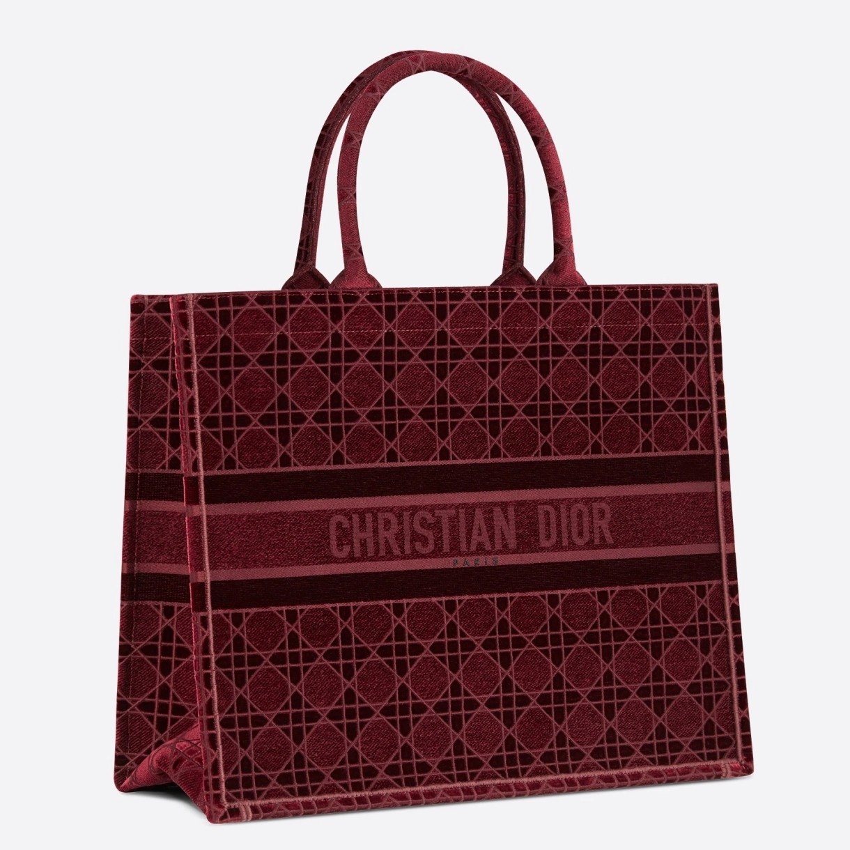 Dior Book Tote Bag In Bordeaux Cannage Embroidered Velvet 067