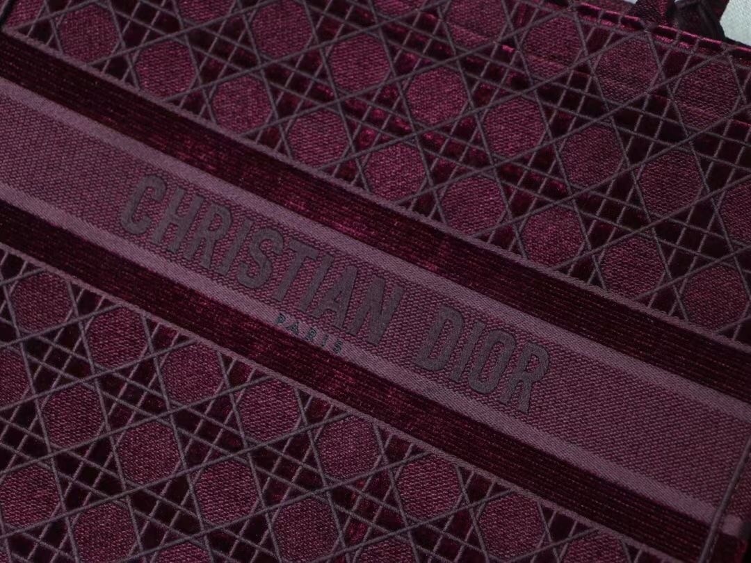 Dior Book Tote Bag In Bordeaux Cannage Embroidered Velvet 067