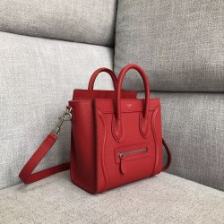 Celine Nano Luggage Tote Bag In Red Drummed Calfskin 891