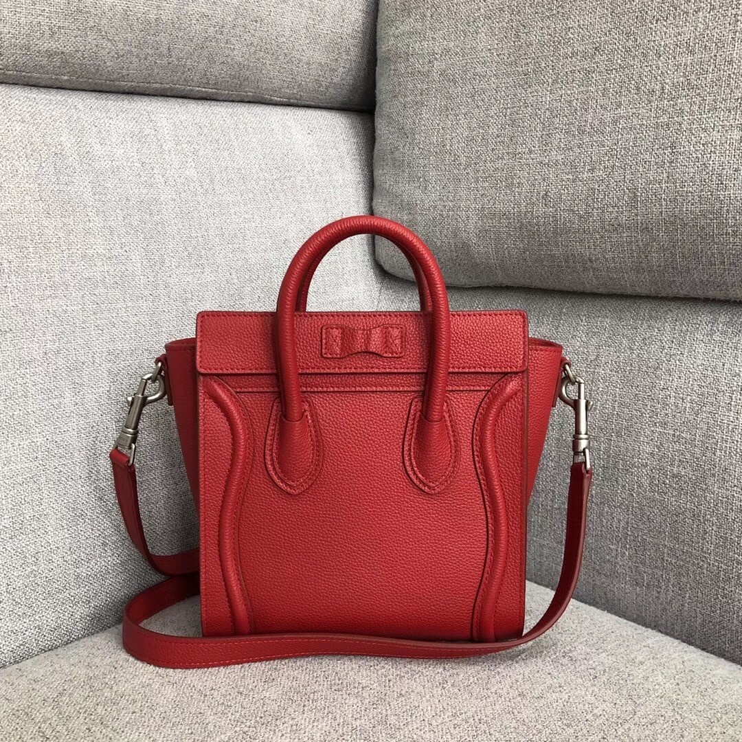 Celine Nano Luggage Tote Bag In Red Drummed Calfskin 891