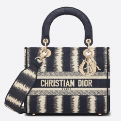 Dior Medium Lady D-Lite Bag In Blue D-Stripes Embroidery 456