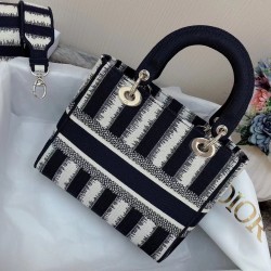 Dior Medium Lady D-Lite Bag In Blue D-Stripes Embroidery 456