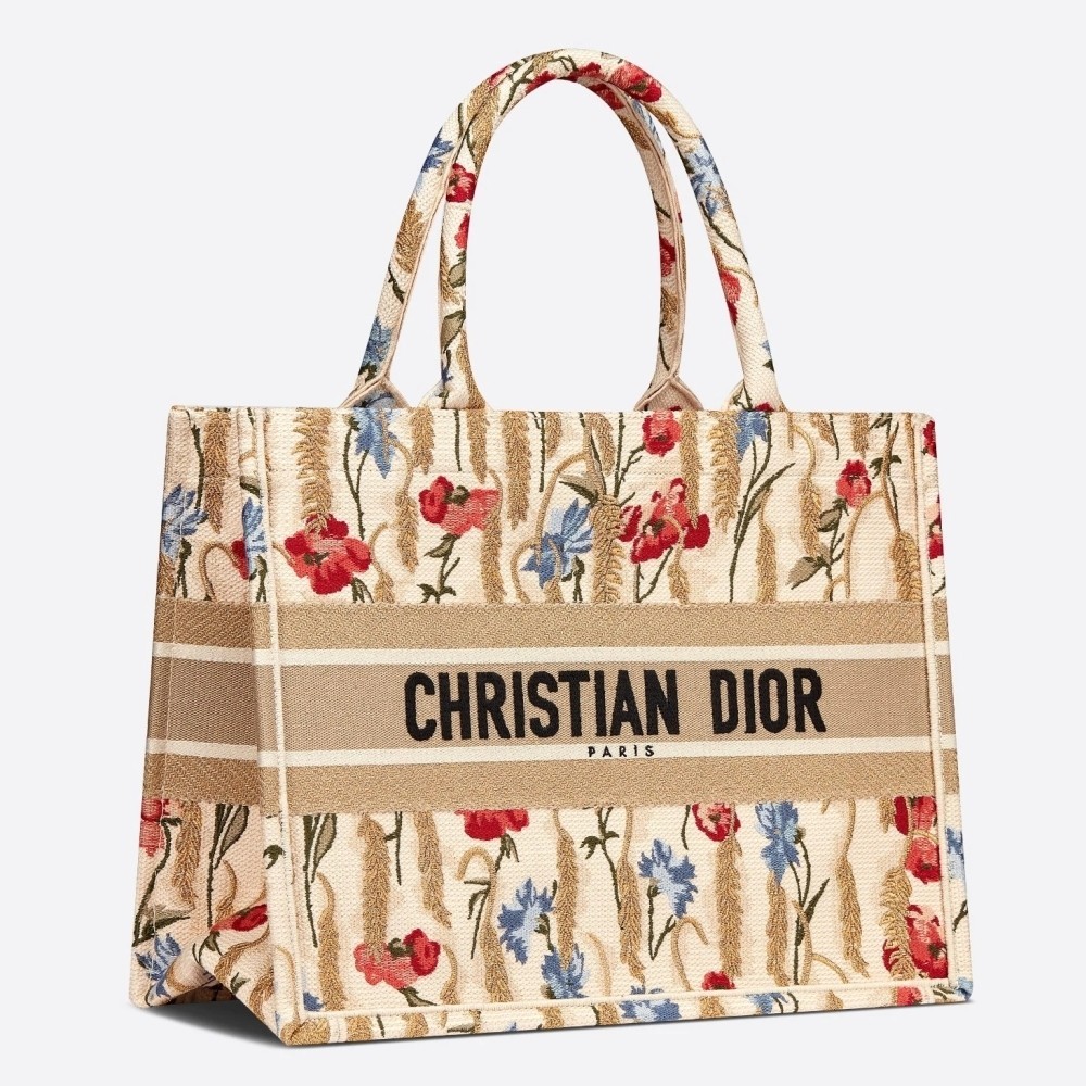 Dior Small Book Tote In Hibiscus Metallic Thread Embroidery 536