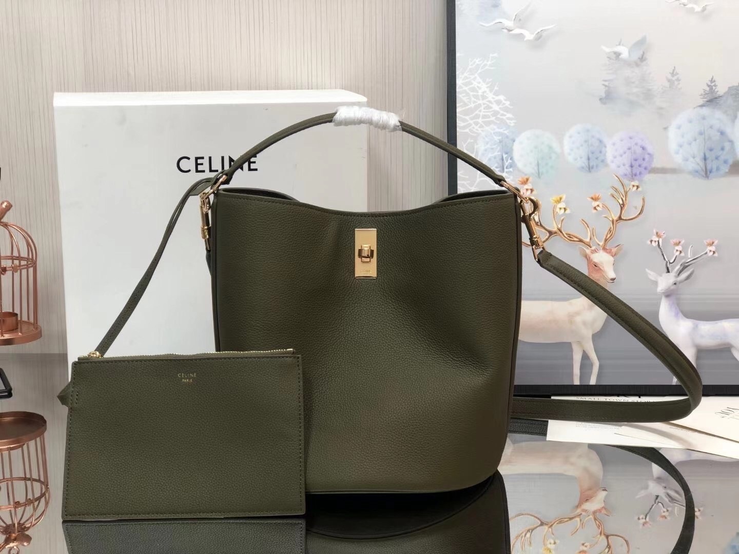 Celine Bucket 16 Bag In Dark Olive Grained Calfskin 810