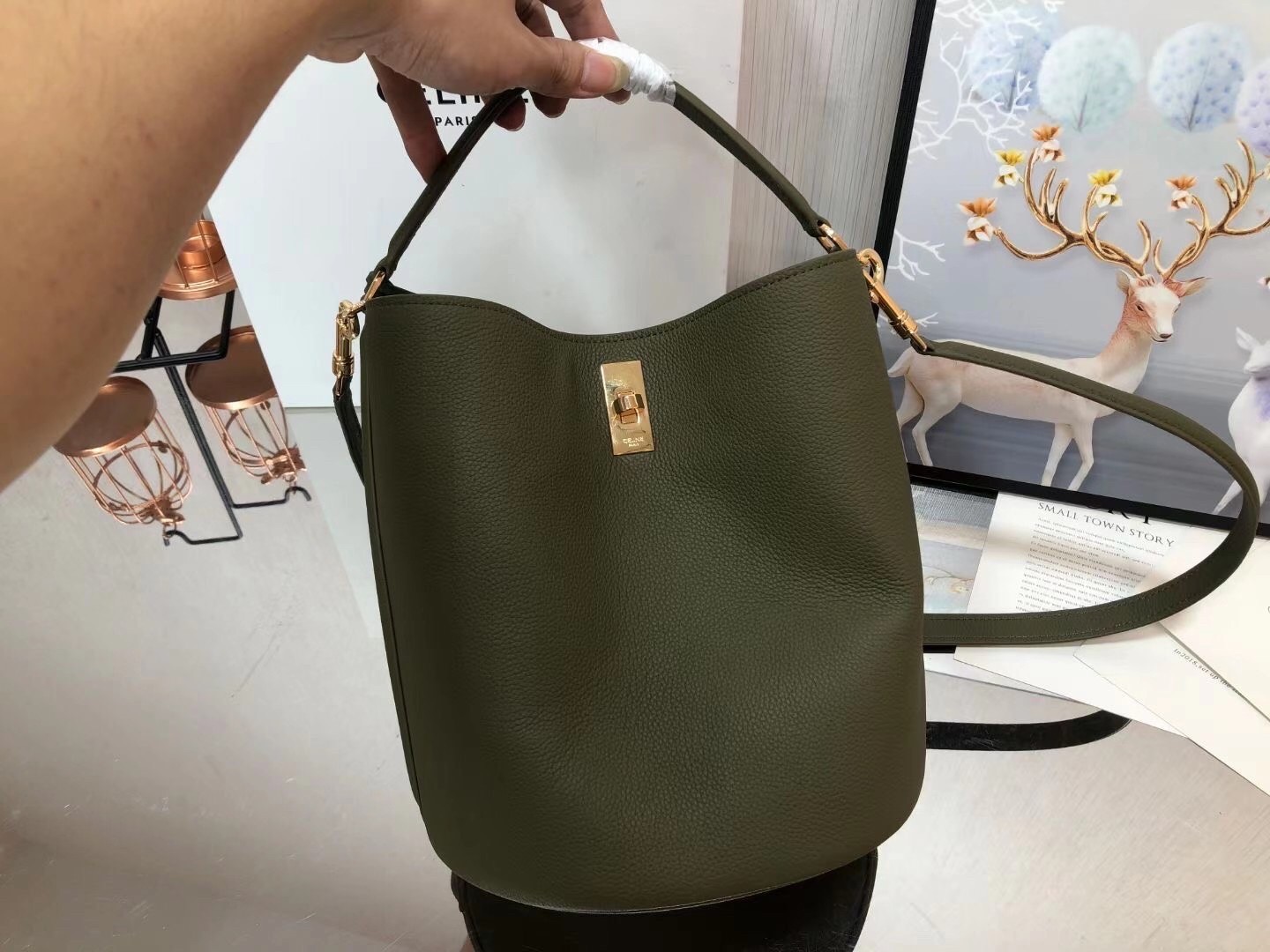 Celine Bucket 16 Bag In Dark Olive Grained Calfskin 810