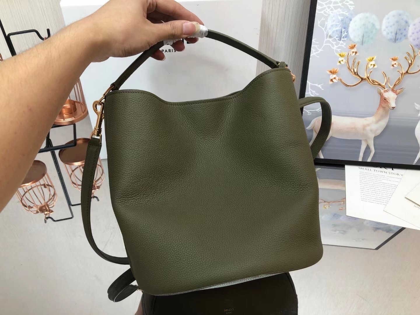 Celine Bucket 16 Bag In Dark Olive Grained Calfskin 810