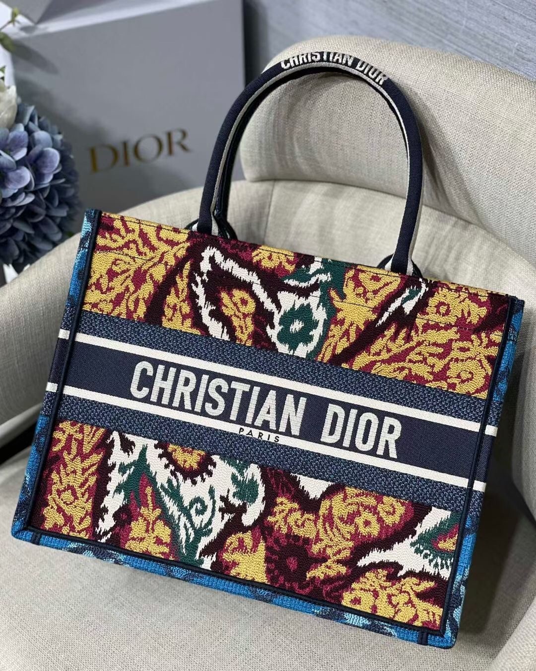 Dior Small Book Tote In Blue Multicolor Dior Paisley Embroidery 088