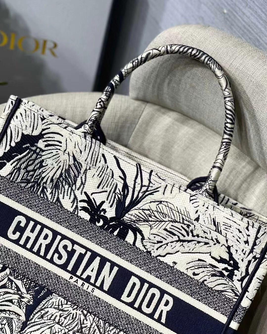 Dior Small Dior Book Tote In Blue Toile de Jouy Palms Embroidery 119