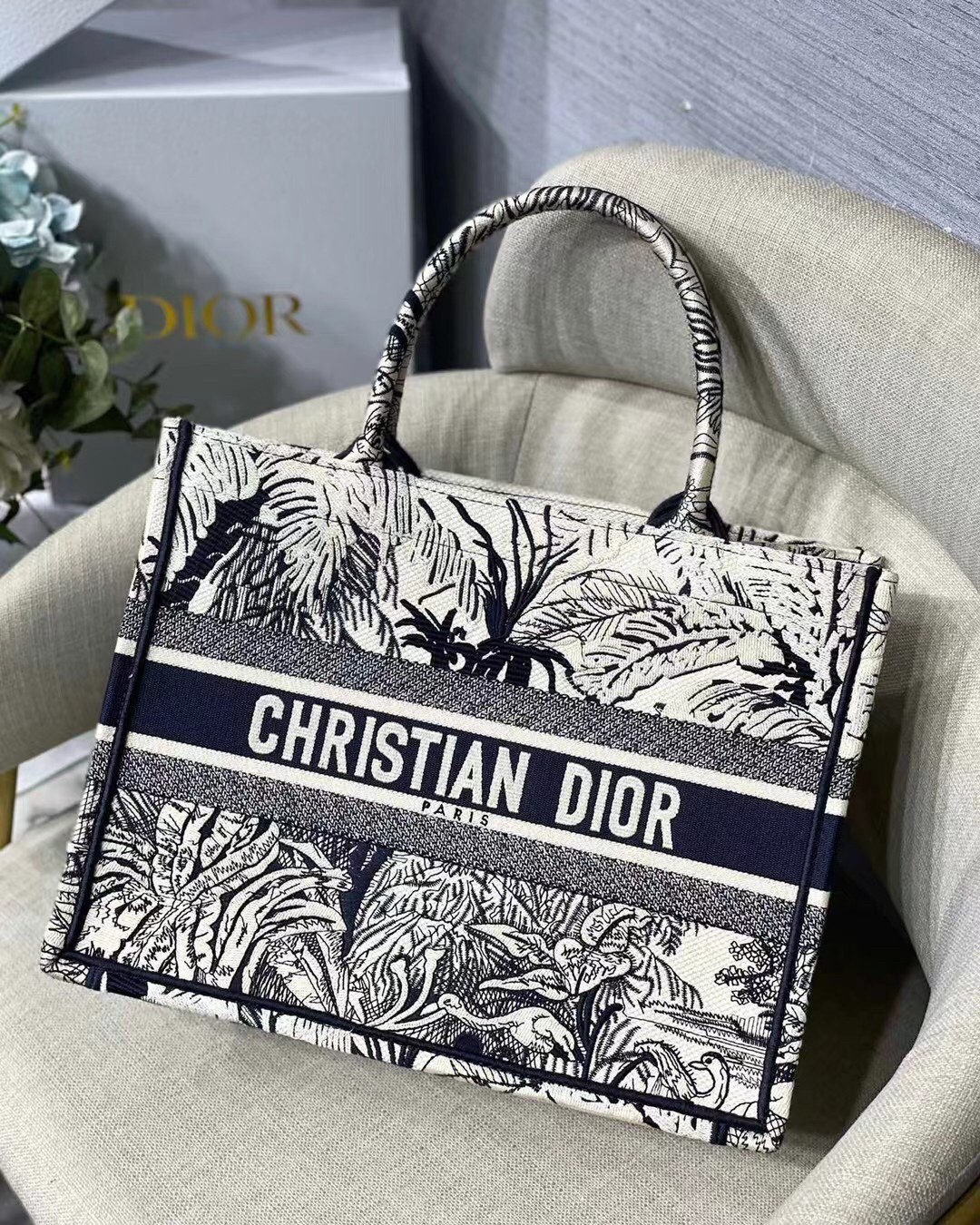 Dior Small Dior Book Tote In Blue Toile de Jouy Palms Embroidery 119